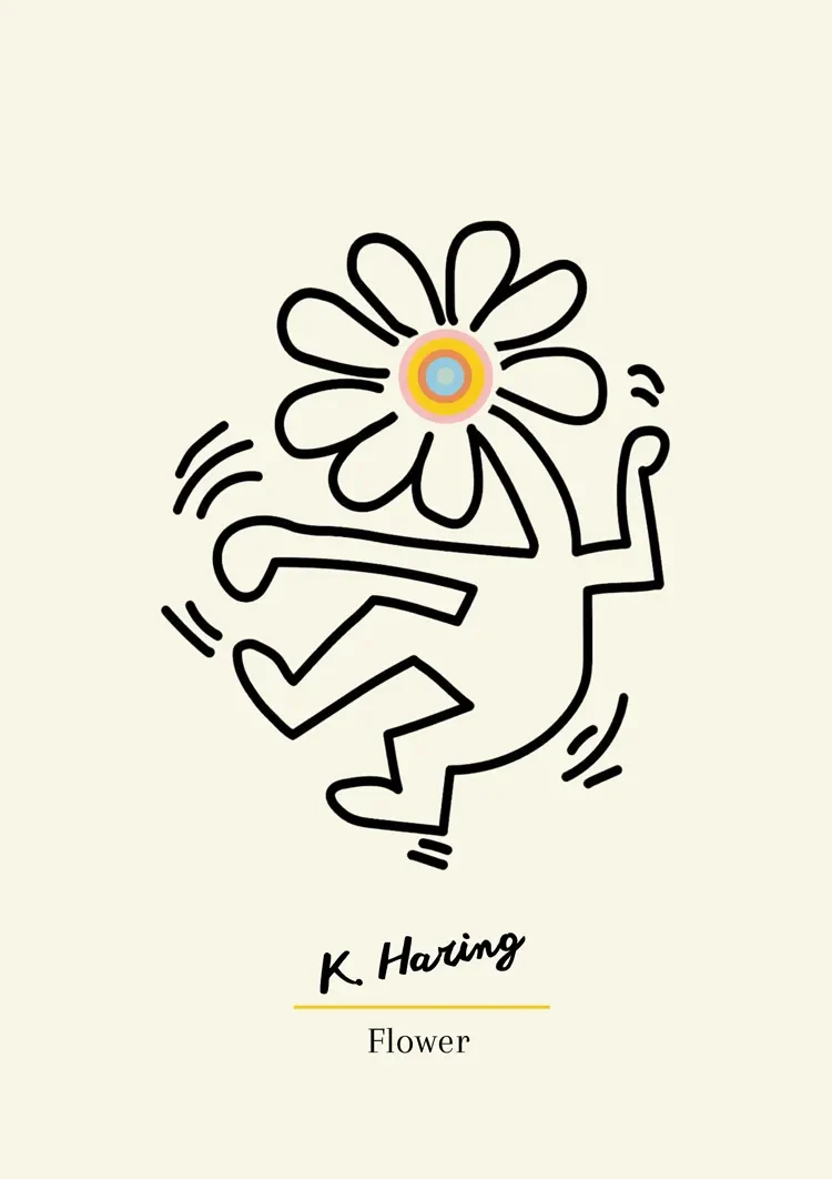 Figur mit Blumenkopf Schwarze Strichzeichnung Minimalistisches Gemälde