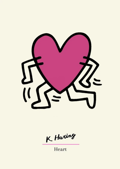 Keith Haring Roze Hart met Dansende Poten Pop Art Canvas Schilderij