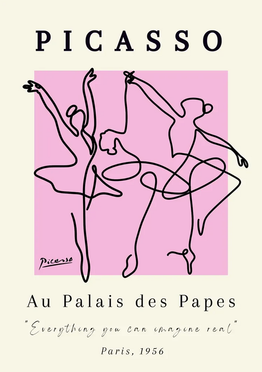 Picasso canvas schilderij met balletdansers in fijne lijntekening op roze