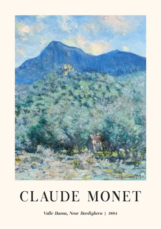 Claude Monet canvas schilderij met een weelderig groen berglandschap bij Bordighera