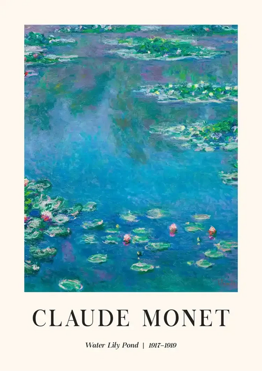 Claude Monet canvas schilderij met een waterlelievijver in roze en blauwgroen