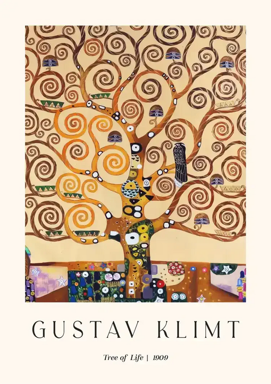 Klimt levensboom canvas schilderij in goud met decoratieve patronen