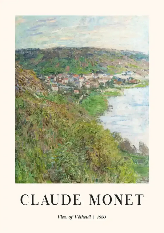 Claude Monet canvas schilderij met impressionistisch uitzicht op Vétheuil in blauw en groen