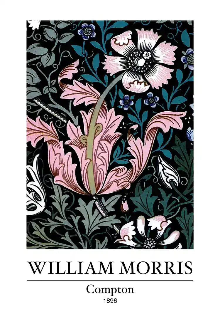 William Morris Compton Pink Flowers Dark Background Painting