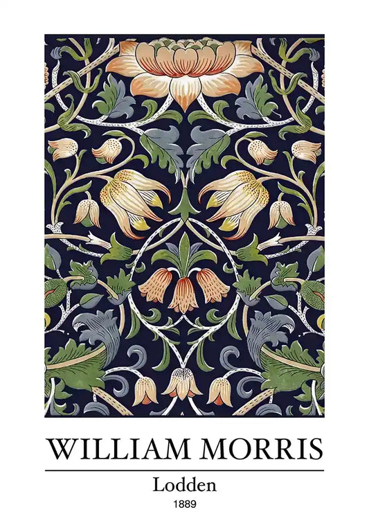 William Morris Lodden Bloemen Donkerblauw Oranje Groen Klassiek Patroon Kunst Schilderij