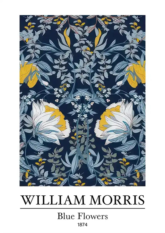 William Morris bloemen canvas schilderij met blauwe bloemen op een donkere achtergrond