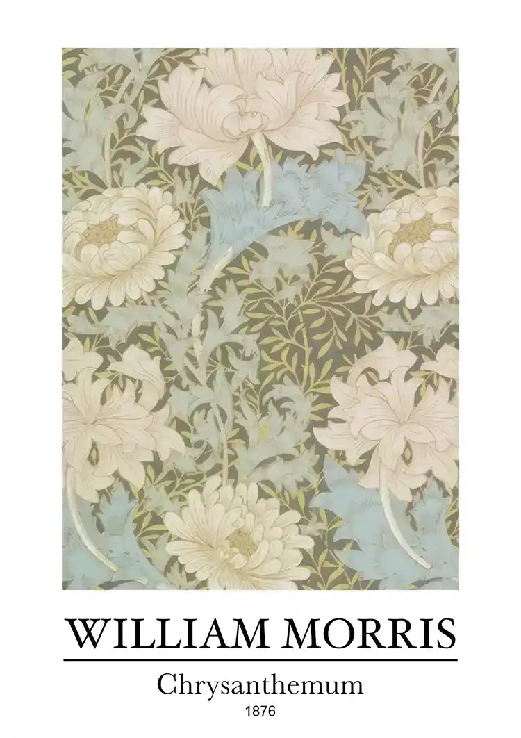 William Morris Chrysanthemum Bloemen Groen Blauw Botanisch Klassiek Kunst Schilderij