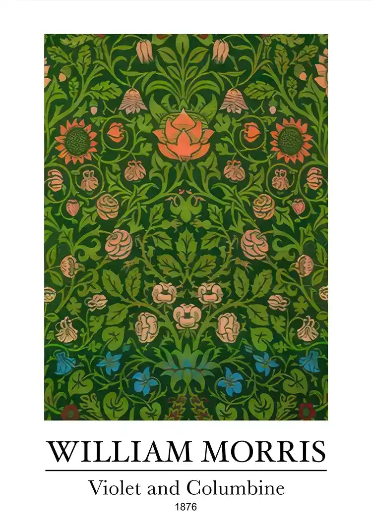 William Morris Veilchen und Akelei Dunkelgrüne Rote Blaue Blumen Gemälde
