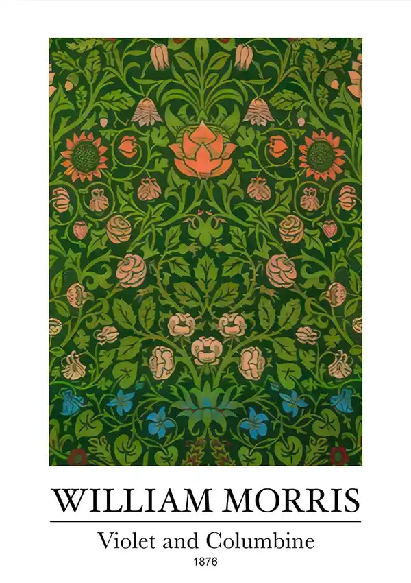 William Morris Veilchen und Akelei Dunkelgrüne Rote Blaue Blumen Gemälde