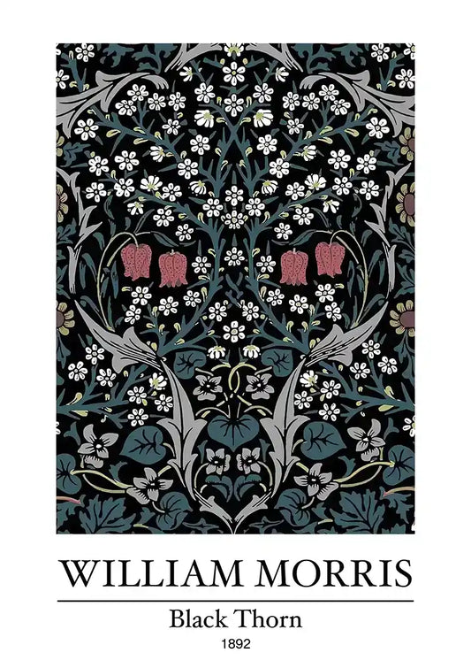 William Morris Black Thorn canvas schilderij met witte bloemen en roze accenten op donkerblauw