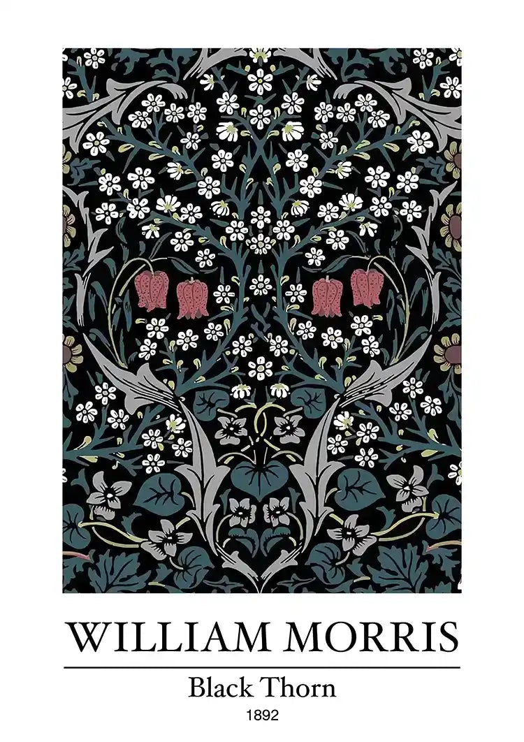 William Morris Black Thorn Dunkelblau Weiße Blumen Rosa Akzente Gemälde