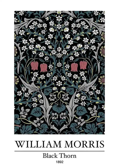 William Morris Blackthorn Dark Blue White Flowers Pink Accents Canvas Painting