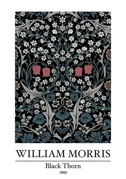 William Morris Black Thorn Dunkelblau Weiße Blumen Rosa Akzente Gemälde