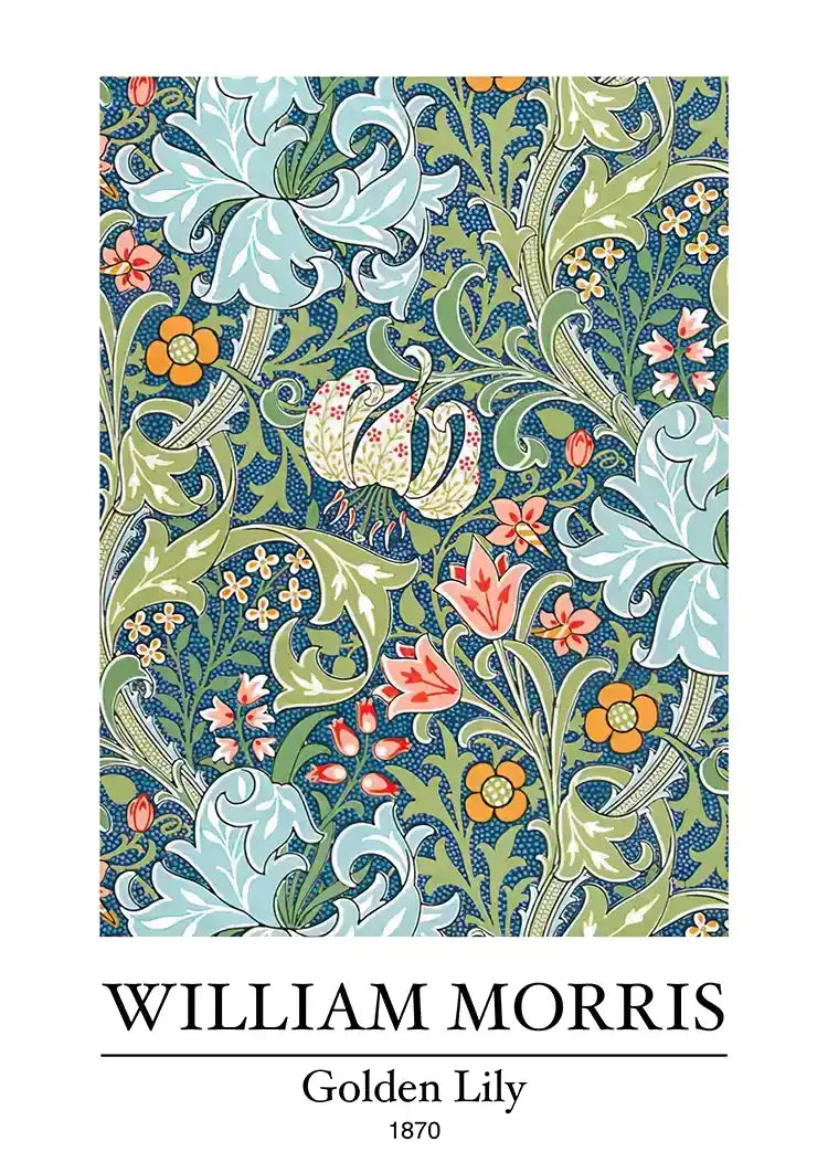 William Morris Golden Lily Blue-Green Colorful Botanical Painting