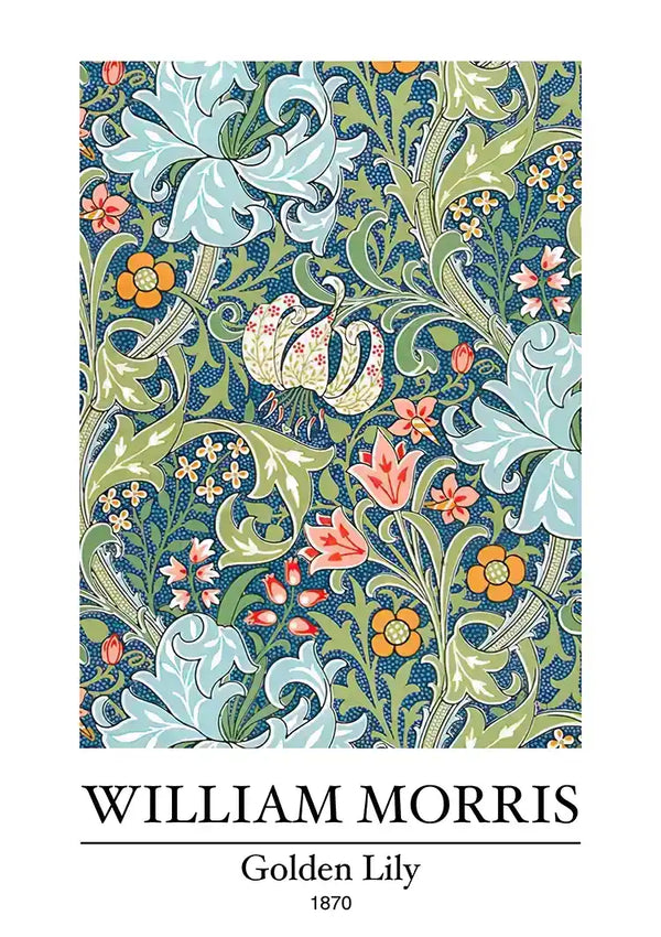 William Morris Golden Lily Blue-Green Colorful Botanical Painting