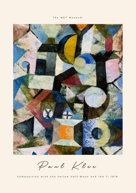 Gele maansikkel van Paul Klee canvas schilderij in blauw, geel en zwart, kubistisch