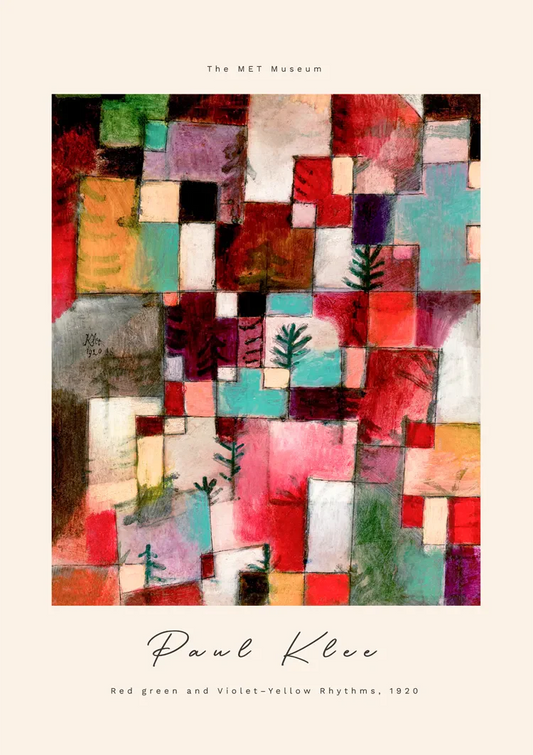 Rasters van Paul Klee canvas schilderij in rood, groen en turquoise, geometrisch en kleurrijk