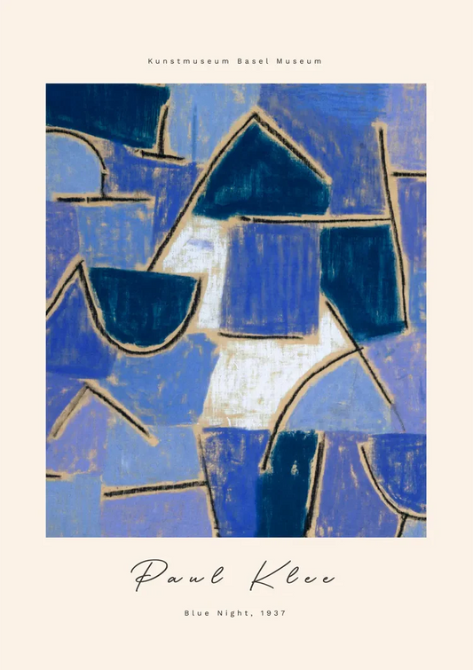 Vormen met gouden lijnen canvas schilderij in blauw met goud, geïnspireerd op Paul Klee
