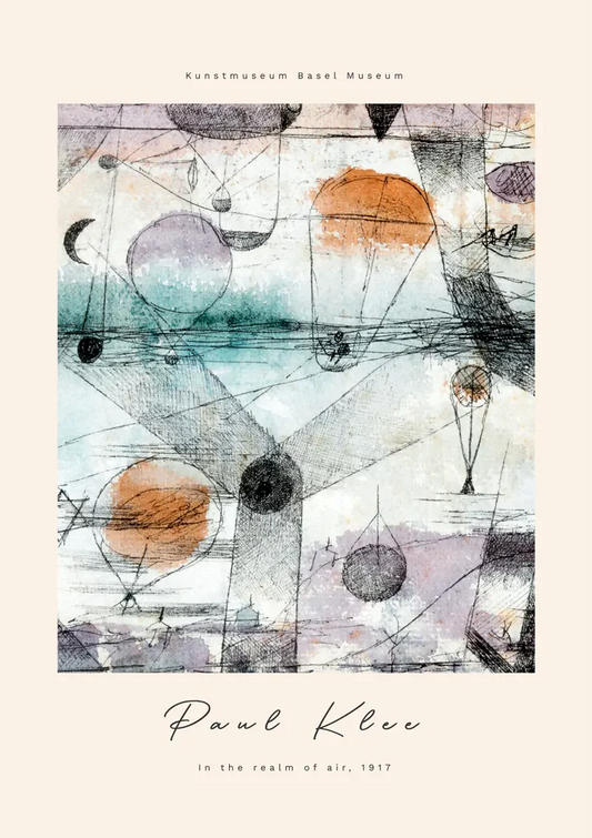 Vormen van Paul Klee canvas schilderij in oranje, turquoise en paars, zwevend en abstract