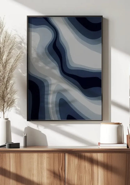 Abstracte Vloeiende Golven Marineblauw Grijs Modern Schilderij