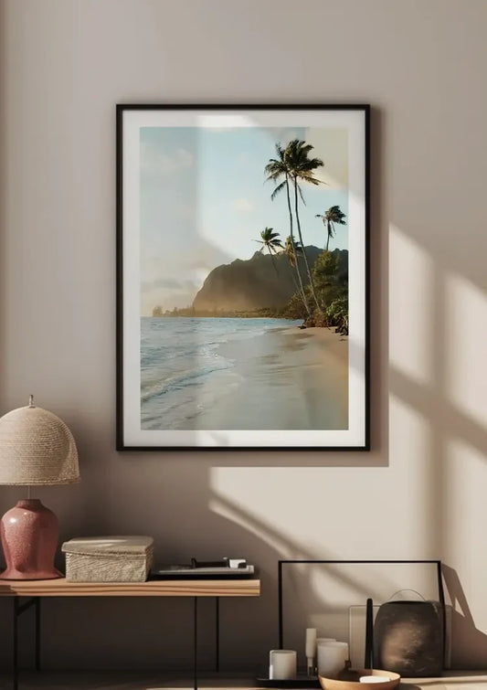 Tropisch strand bij zonsondergang canvas schilderij boven het bed in de slaapkamer