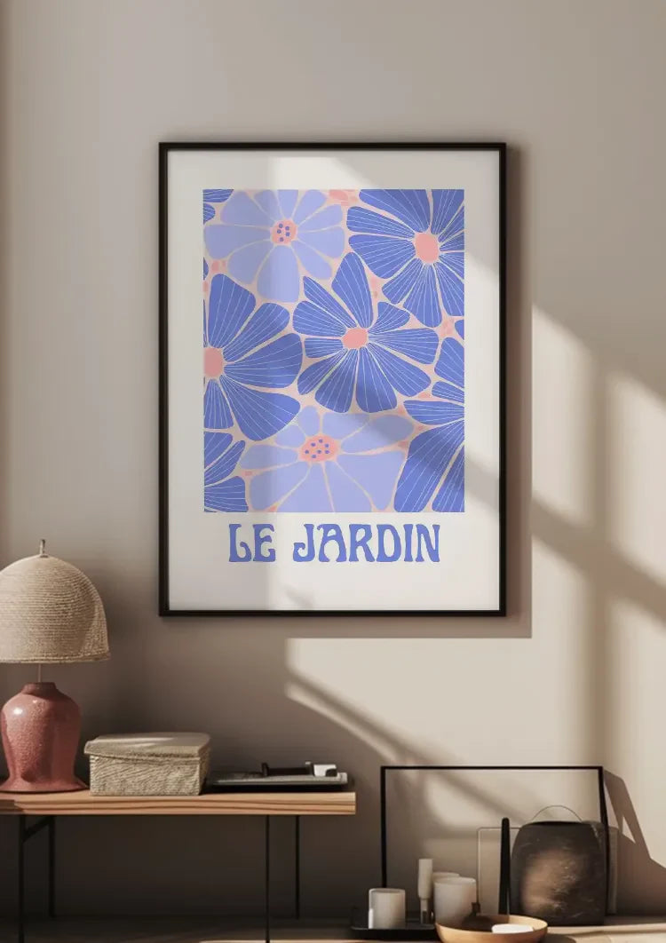 Blaue Lila Blumen Le Jardin Retro-Poster Gartenbild