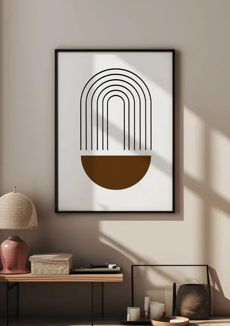 Zwarte Booglijnen Bruine Halve Cirkel Minimalistisch Schilderij