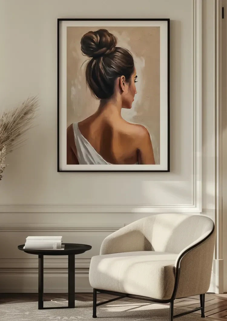 Woman Back Elegant Bun White Gown Beige Portrait Painting