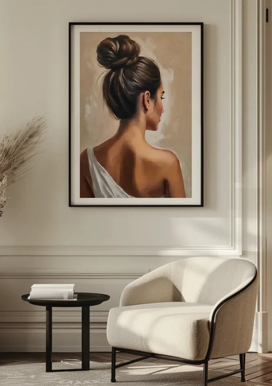 Vrouw met elegante knot canvas schilderij boven het bed in de slaapkamer