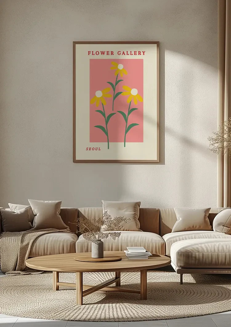 Gelbe Margeriten Rosa Hintergrund Blumengalerie Retro Poster Malerei