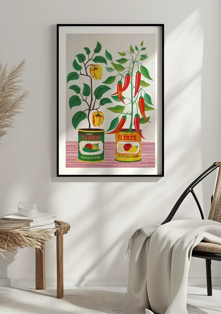 Salsa Blikken Paprika Rode Peper Planten Folk Art Retro Keuken Illustratie Schilderij