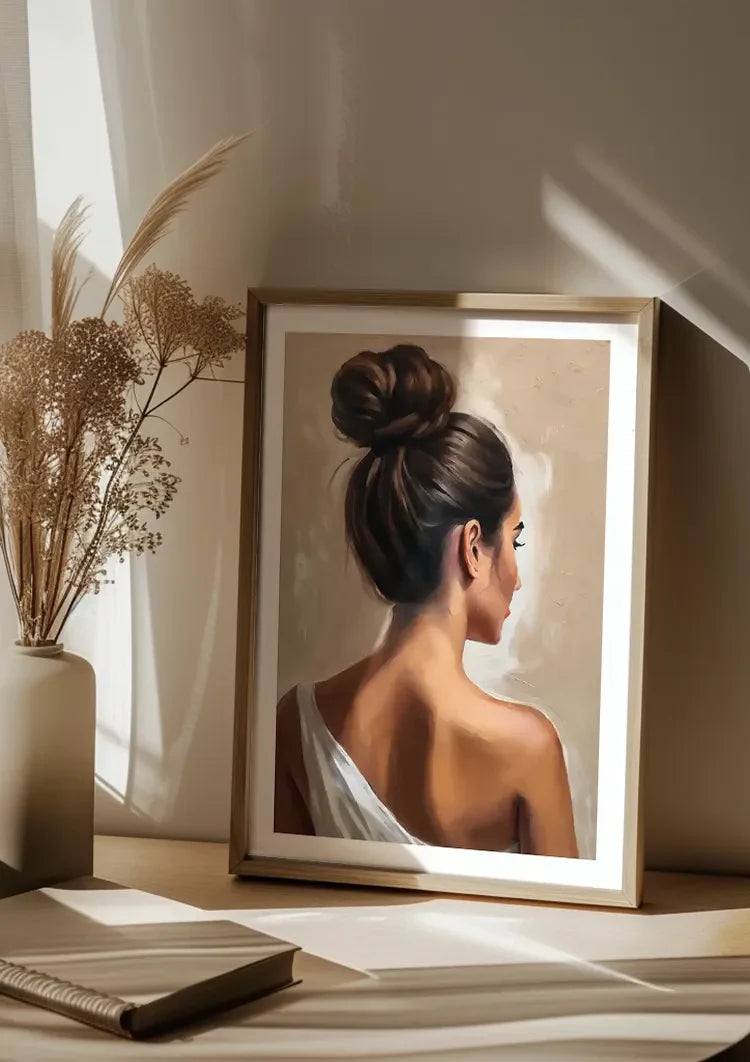 Woman Back Elegant Bun White Gown Beige Portrait Painting