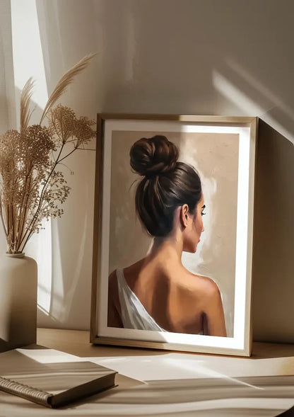 Woman Back Elegant Bun White Gown Beige Portrait Painting