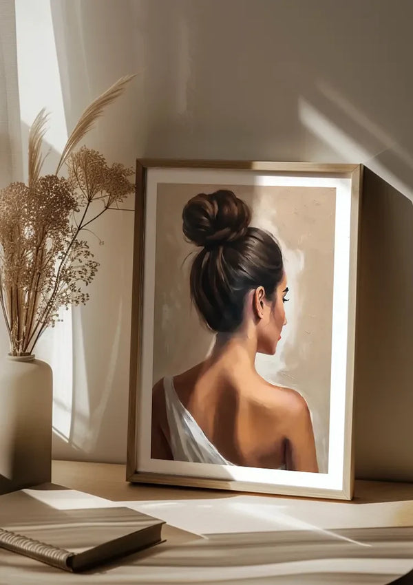 Woman Back Elegant Bun White Gown Beige Portrait Painting