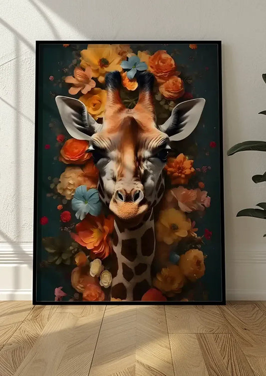 Giraf tussen kleurrijke bloemen canvas schilderij aan de wand in de hal