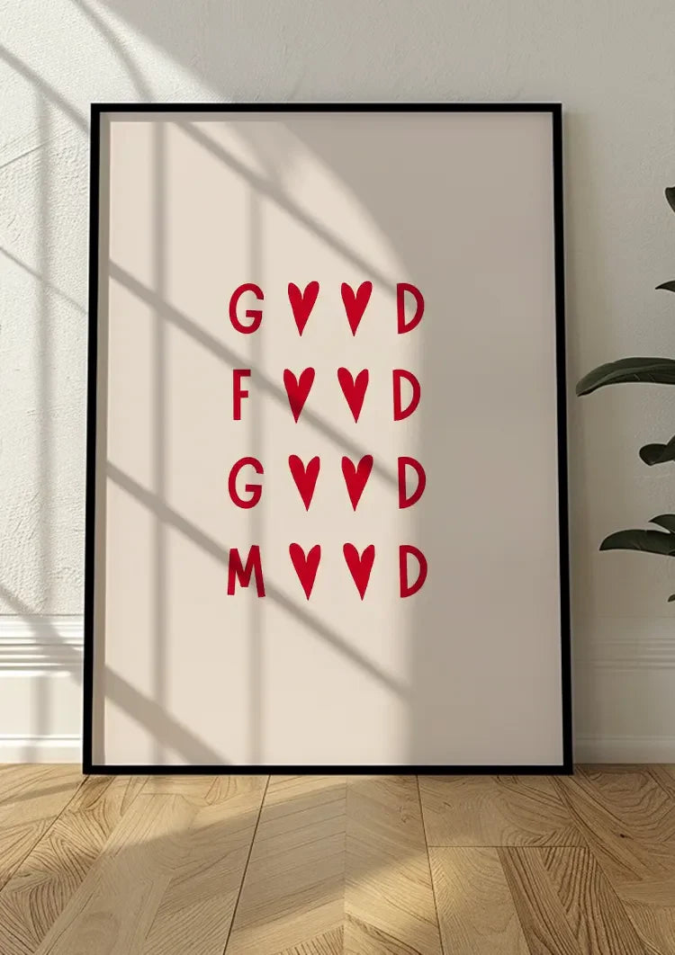 Good Food Good Mood Typografie Rote Herzen Creme Hintergrund Minimalistisches Gemälde