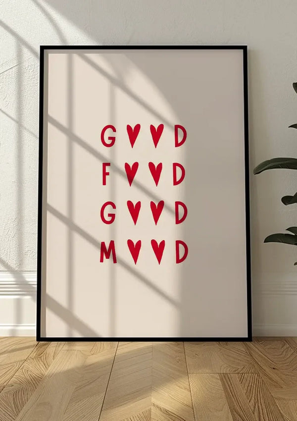 Good Food Good Mood Typografie Rote Herzen Creme Hintergrund Minimalistisches Gemälde