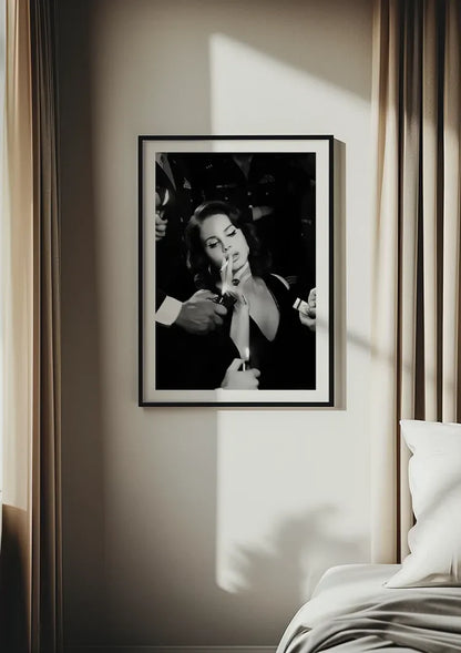 Glamouröse Frau Schwarz Weiß Zigarette Film Noir Hollywood Stil Gemälde
