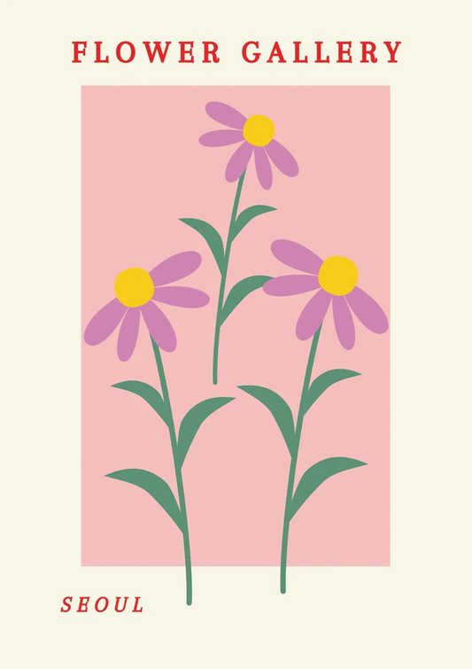 Gestileerde paarse bloemen canvas schilderij in grafische stijl op roze achtergrond