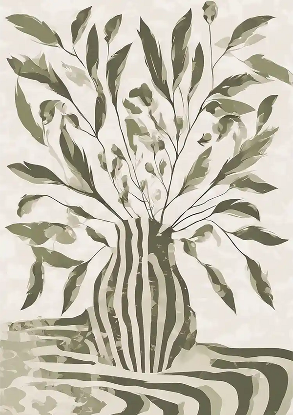 Grüne Pflanze Gestreifte Vase Monochromes Botanisches Gemälde