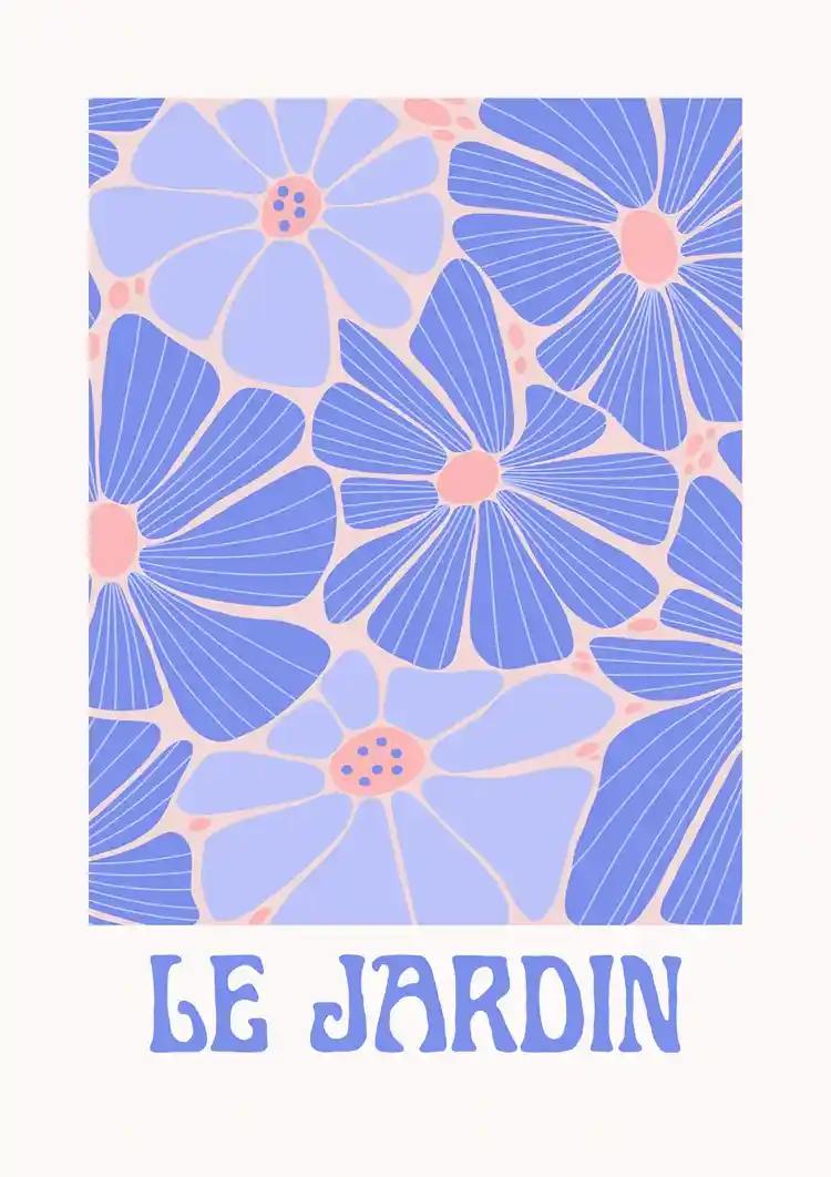 Blaue Lila Blumen Le Jardin Retro-Poster Gartenbild