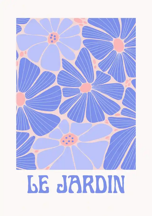 Le jardin bloemen canvas schilderij in blauw en paars met een retro sfeer