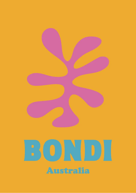 Bondi met een roze bloem canvas schilderij in gele en oranje pop art tinten
