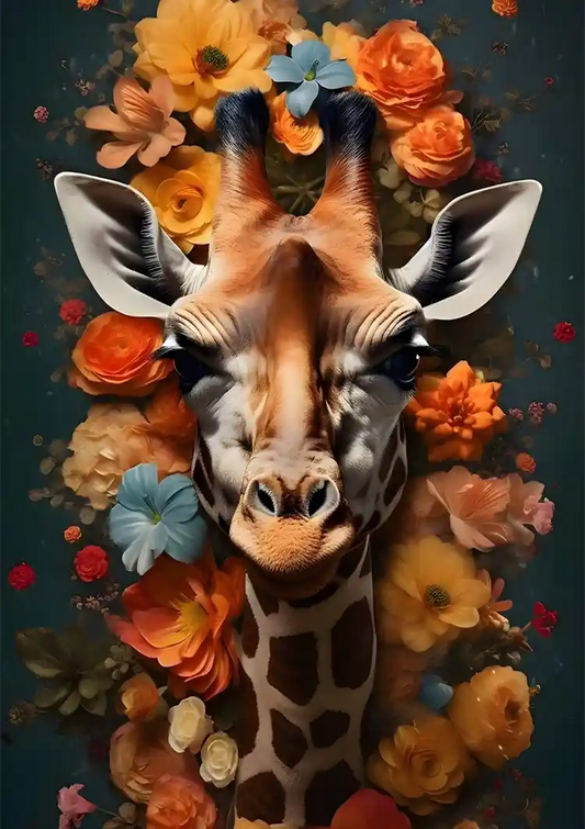 Giraf tussen kleurrijke bloemen canvas schilderij op een donkerblauwe achtergrond