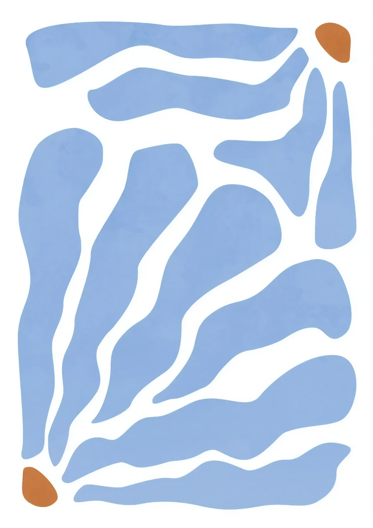 Blue Abstract Organic Shapes White Background Minimalist Painting