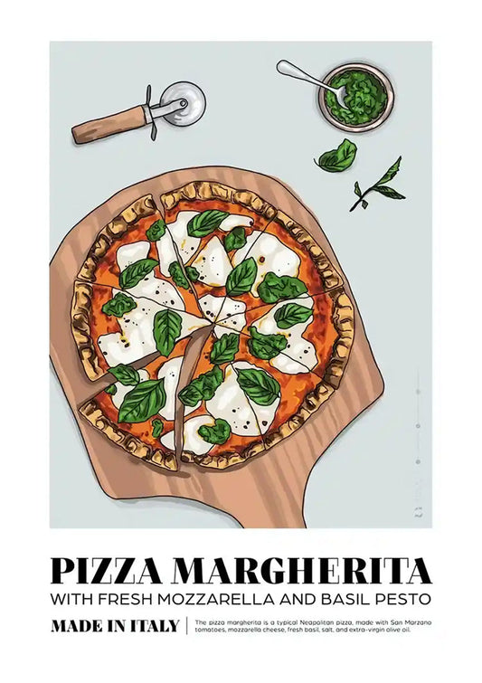 Pizza margherita obraz na płótnie w zieleni, bieli i czerwieni, pogodny styl ilustracji
