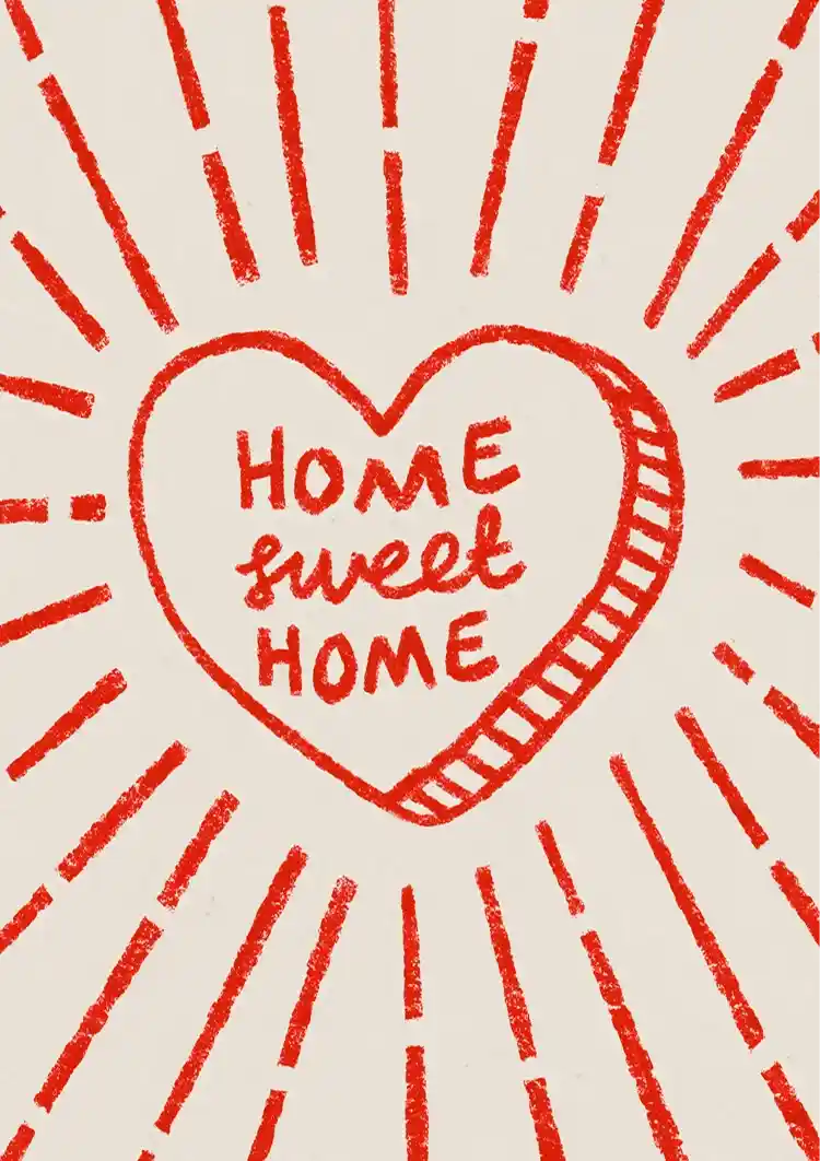 Home Sweet Home Rotes Herz Strahlend Beige Textbild
