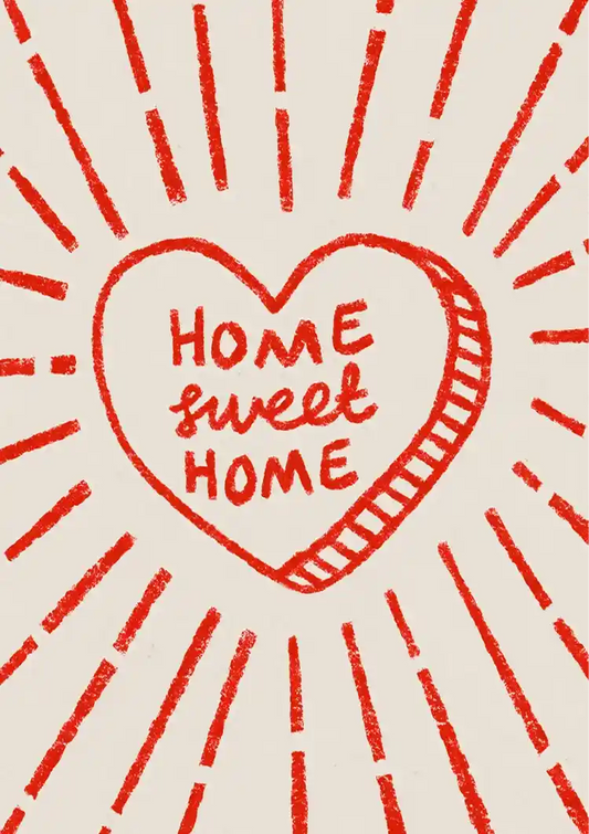 Home sweet home met een hart canvas schilderij in rood en beige, warme tekststijl