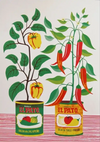 Salsa Blikken Paprika Rode Peper Planten Folk Art Retro Keuken Illustratie Schilderij