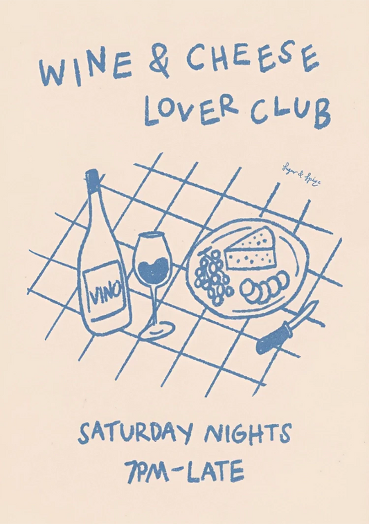 Klub wina i sera ilustracja obraz na płótnie w kolorze niebieskim i różowym, w stylu retro